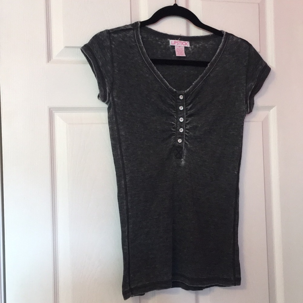 Dark grey blouse with gemstone buttons